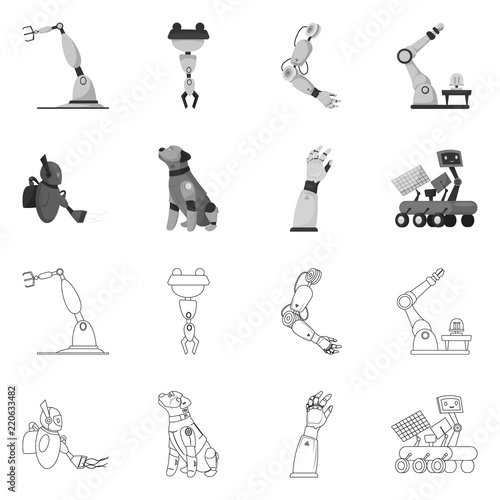 Vector illustration of robot and factory icon. Set of robot and space vector icon for stock.