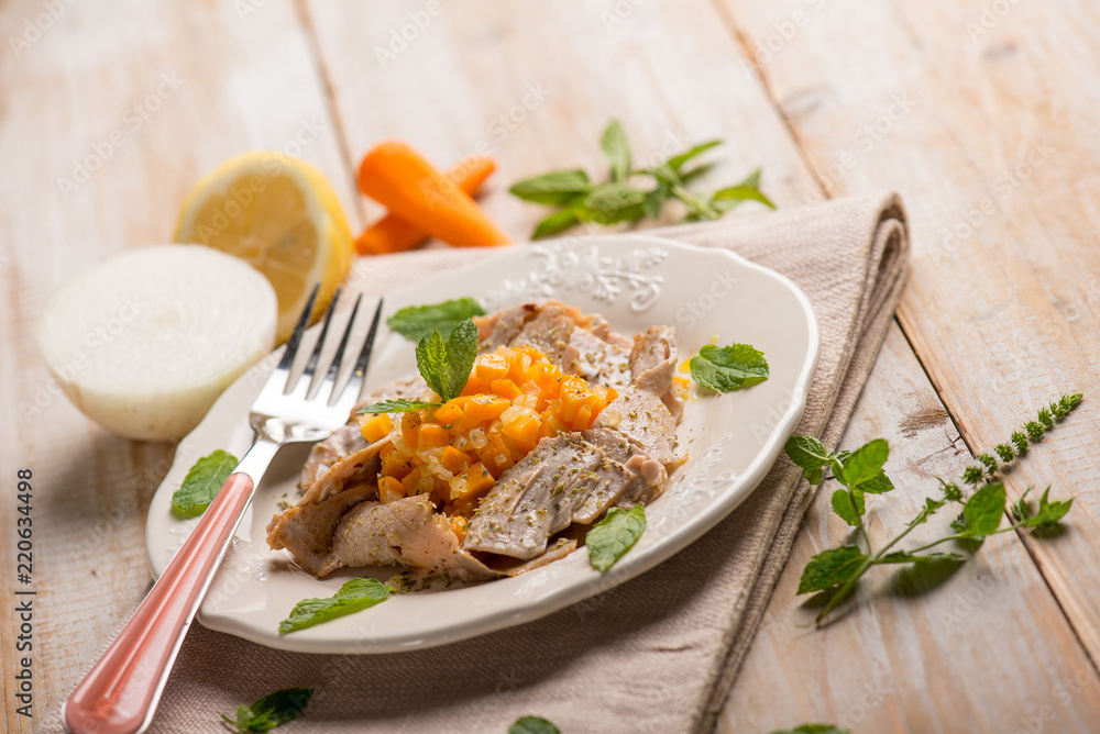 sworfish carpaccio with carrot and mint