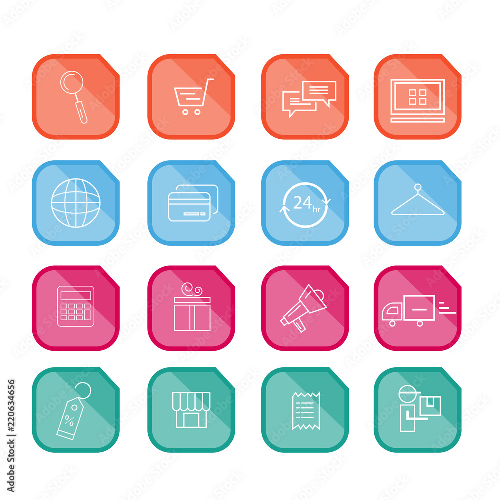 Shopping flat icons set. Shopping spree flat vector icons set. In a store flat icons set Shopping flat icons set. Shopping spree flat vector icons set. In a store flat icons set
