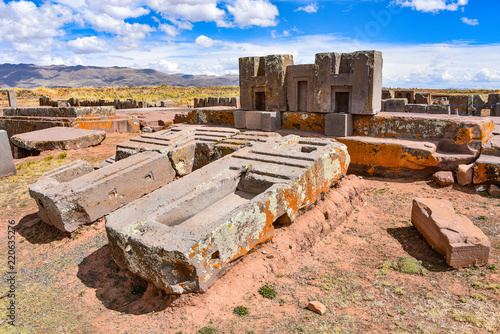 Elaborate stone carving in megalithic stone at Puma Punku, part of the Tiwanaku archaeological complex, a UNESCO world heritage site near La Paz, Bolivia. photo