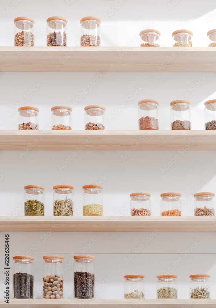 various ingredients in glass containers