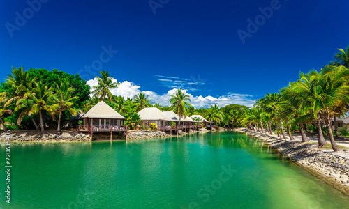 Tropical beach with coconut palm trees and clear lagoon, Fiji Islands