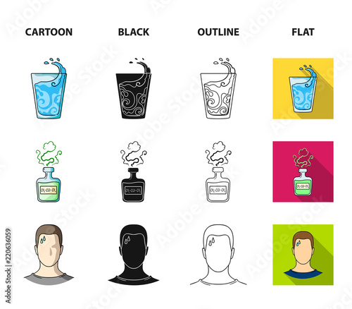 A glass of water, a bottle of alcohol, a sweating man, an apple. Diabeth set collection icons in cartoon,black,outline,flat style vector symbol stock illustration web.