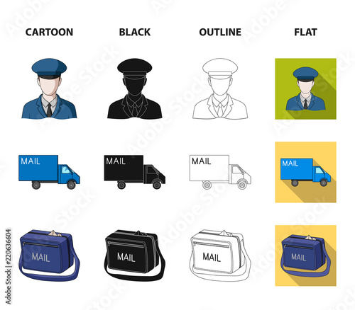 The postman in uniform, mail machine, bag for correspondence, postal office.Mail and postman set collection icons in cartoon,black,outline,flat style vector symbol stock illustration web.