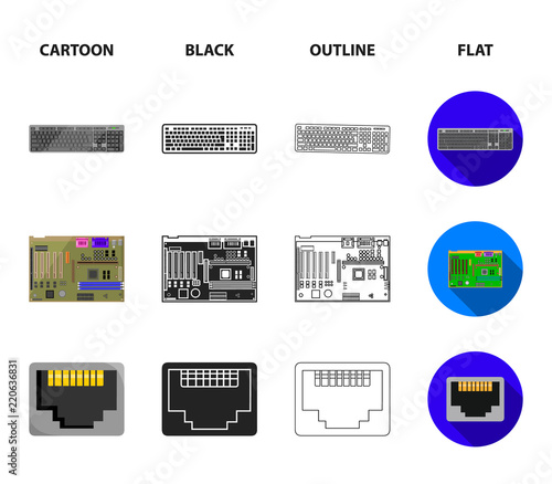 Keyboard, router, motherboard and connector. Personal computer set collection icons in cartoon,black,outline,flat style vector symbol stock illustration web.