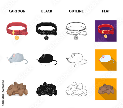A collar, a forage, a toy, a cage and other products of the zoo store.Pet shop set collection icons in cartoon,black,outline,flat style vector symbol stock illustration web.