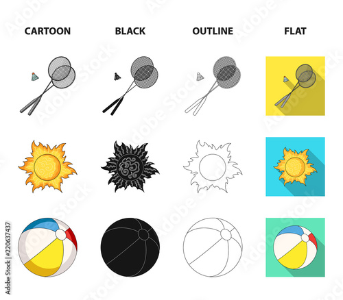 A game of badminton, a ball and the sun.Summer vacation set collection icons in cartoon,black,outline,flat style vector symbol stock illustration web.