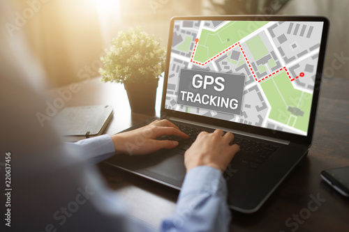 GPS (Global positioning system) tracking map on device screen. photo