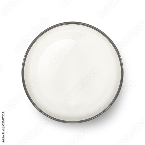 Top view of fresh milk glass isolated on white background. Breakfast drink. ( Clipping path )