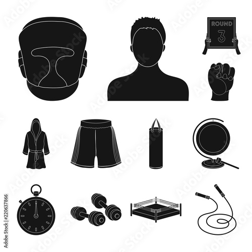 Boxing extreme sports black icons in set collection for design. Boxer and attributes vector symbol stock web illustration.