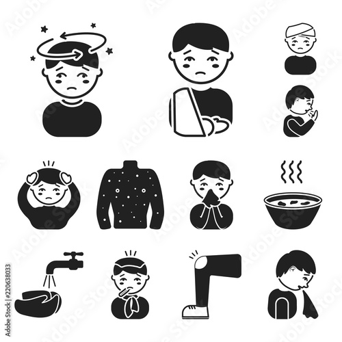 The sick man black icons in set collection for design.Illness and treatment vector symbol stock web illustration.
