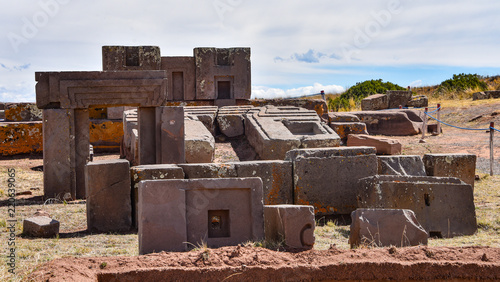 Elaborate carving in megalithic stone at Puma Punku, part of the Tiwanaku archaeological complex, a UNESCO world heritage site near La Paz, Bolivia. photo