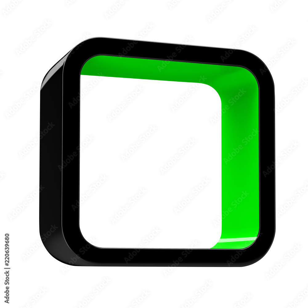 Modular 3D rendered shelves for product placement. Square black element with green inner space, on white background Modular 3D rendered shelves for product placement. Square black element with green inner space, on white background