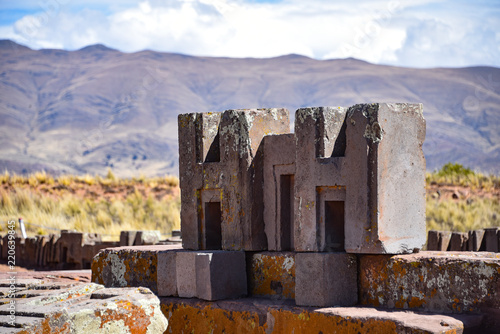 Elaborate carving in megalithic stone at Puma Punku, part of the Tiwanaku archaeological complex, a UNESCO world heritage site near La Paz, Bolivia. photo
