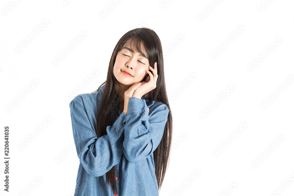 Beautiful Attractive Asian woman smile and making sleep sign feeling so relax and comfortable,Isolated on white background,Healthcare Concept Beautiful Attractive Asian woman smile and making sleep sign feeling so relax and comfortable,Isolated on white background,Healthcare Concept
