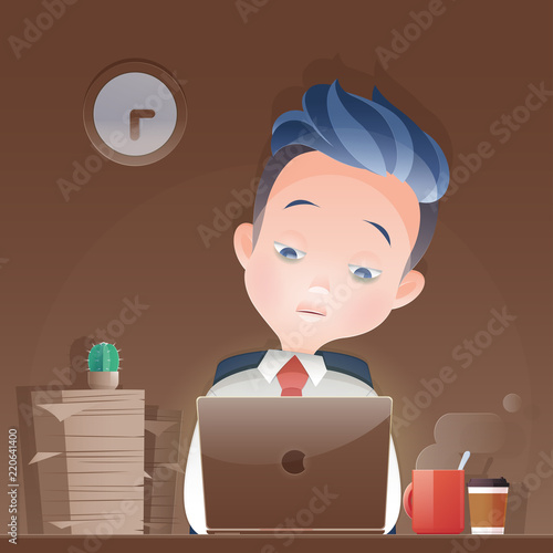 Cartoon businessman working overtime late night  in office. Vector and Illustration.