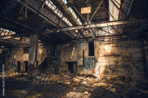 Fényképezés Abandoned ruined industrial warehouse or factory building inside, corridor view