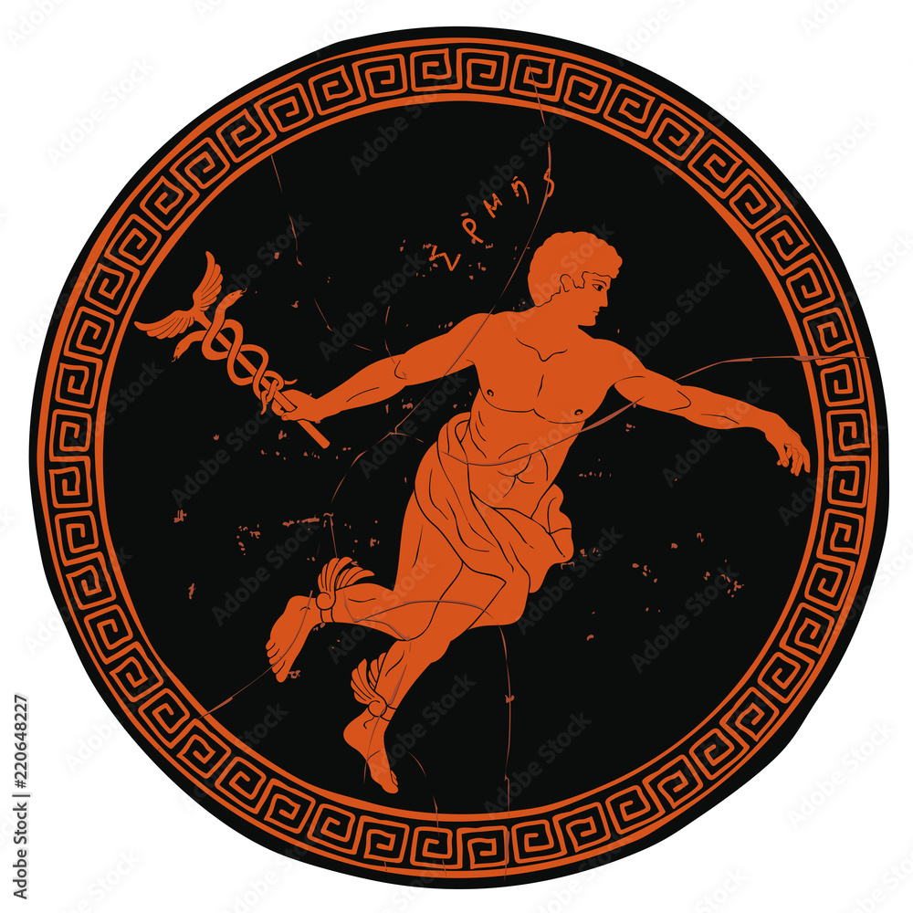 Ancient Greek god Hermes with a wand in his hand and wings on his feet.  Figure on the bottom of the vase. Stock Vector | Adobe Stock