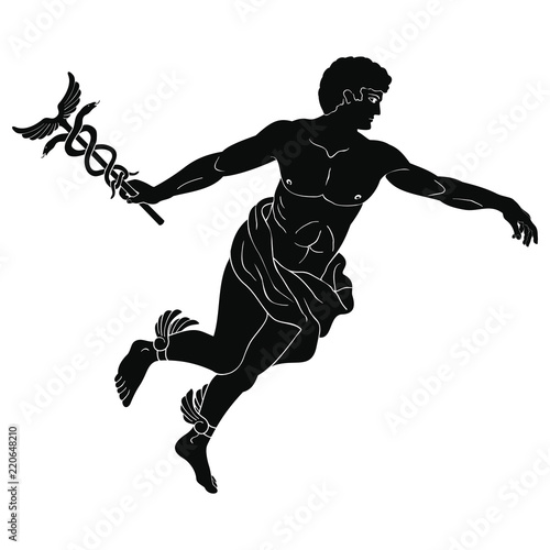 Ancient Greek god Hermes with a wand in his hand and wings on his feet. Figure on the bottom of the vase.