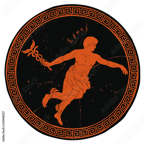 Ancient Greek god Hermes with a wand in his hand and wings on his feet. Figure on the bottom of the vase. photo