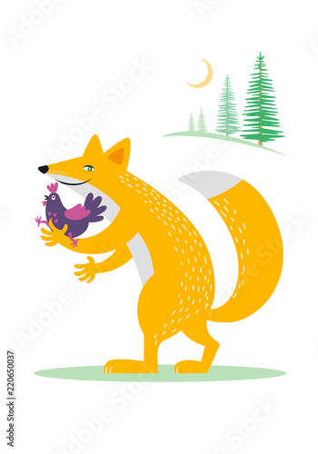 Color graphic drawing of a cunning red fox who stole a frightened cockerel, which she bears for the blue woods. Fairy tale character, vector illustration, isolated on background.