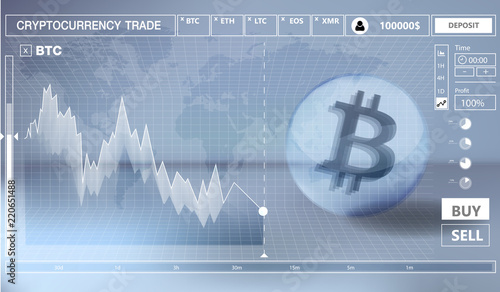 Cryptocurrency icon trading interface design on blue background:BTC icon