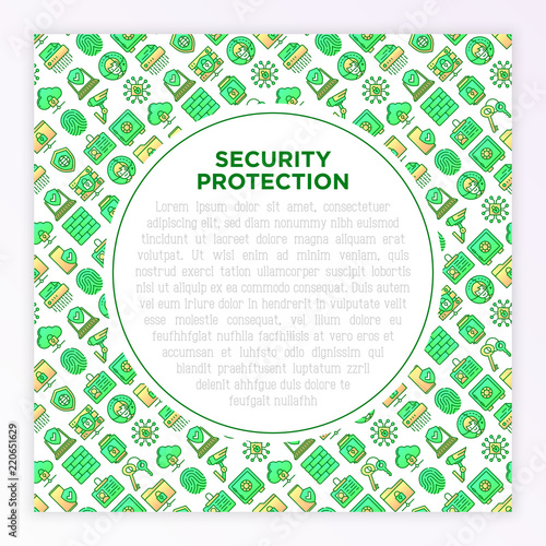 Security and protection concept with thin line icons: mobile security, fingerprint, badge, firewall, face ID, secure folder, surveillance camera, shredder. Vector illustration, print media template.