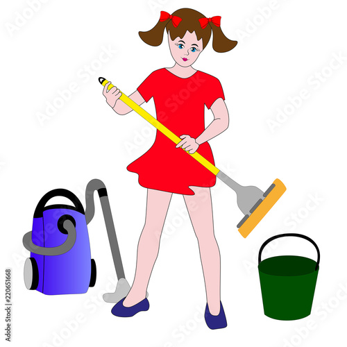 The girl enthusiasm is going to carry out wet cleaning.