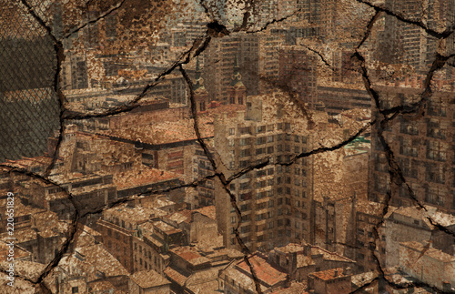 Broken ground mixed with a city image showing the human impact to the nature