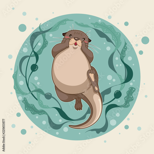 sea otter floating on water with kelp forest vector illustration