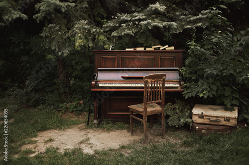Old Vintage piano in the garden. Copy Space