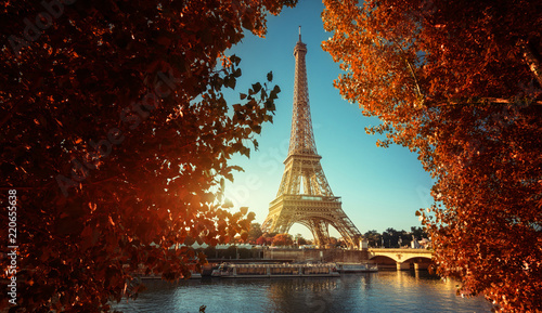 Seine in Paris with Eiffel tower in autumn time