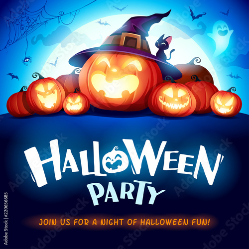 Halloween Party. Jack O Lantern party. Halloween pumpkin patch in the moonlight.