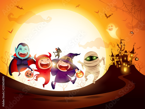Halloween Kids Costume Party. Group of kids in Halloween costume jumping in the moonlight.