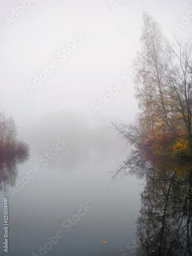 Foggy dawn, autumn forest in mystic fog in the morning, lake at dawn with clouds reflected in the calm water, thick dense fog.