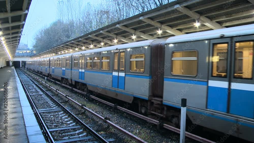 The train stops at the station. Empty station in snowy time The train stops at the station. Empty station in snowy time