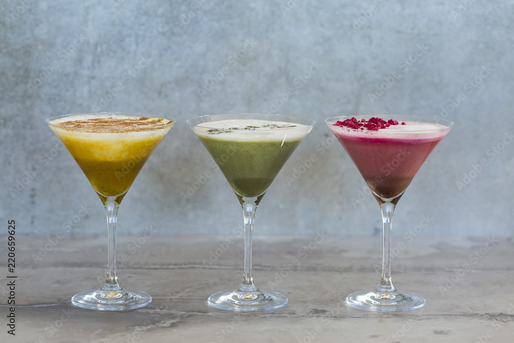Chilled Tumeric Latte, Matcha Latte and Beetroot Latte Chilled Tumeric Latte, Matcha Latte and Beetroot Latte