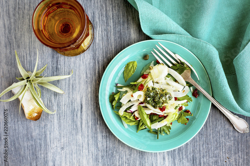 Fennel Herb Salad with Italian Style Salsa Verde. Photographed on a b;ack/grey background. photo