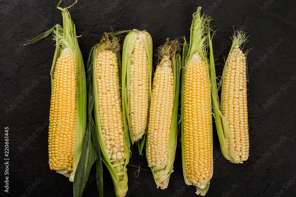 Fresh corn on cobs on a dark stone table. Food concept, top view Fresh corn on cobs on a dark stone table. Food concept, top view