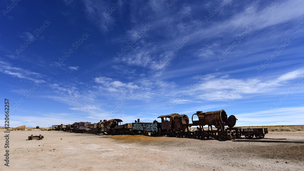 Rusting locomotive engines in the Cemeterio de Trenes (Train Cemetery), Uyuni, Potosi department, Bolivia Rusting locomotive engines in the Cemeterio de Trenes (Train Cemetery), Uyuni, Potosi department, Bolivia