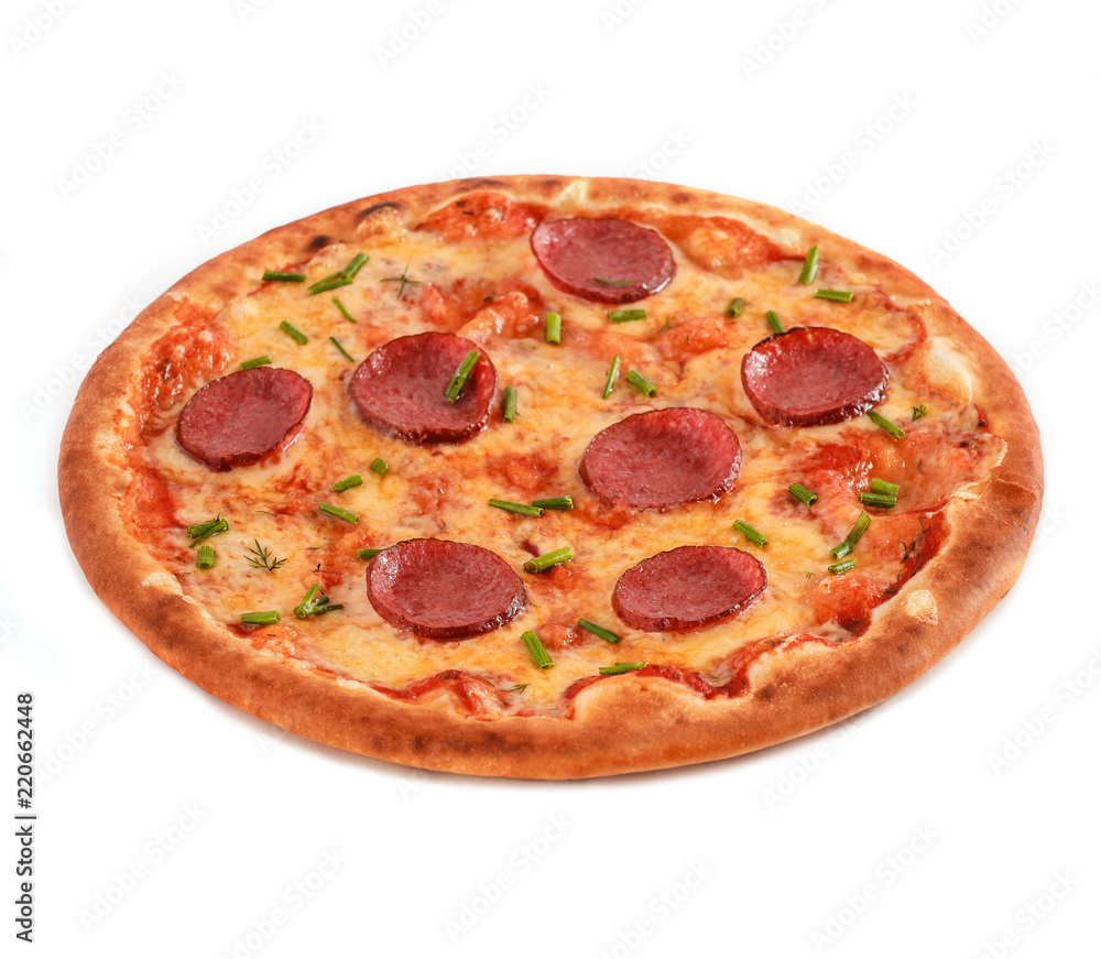 A Pepperoni Pizza with salami, sausage and greens isolated on white