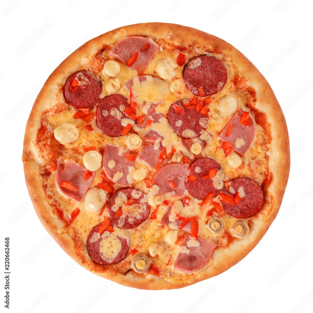 Pizza with salami, pastrami, ham, mushrooms and pepper isolated on white
