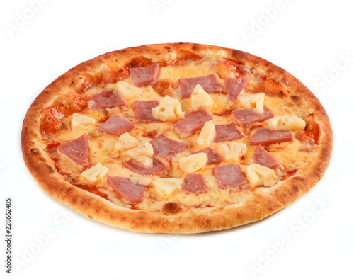 Pizza with ham, cheese and pineapple isolated on white