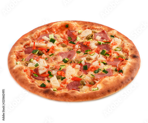 Pizza with salami, sausage, ham, green olives, red pepper, cucumber, pineapple and greens isolated on white
