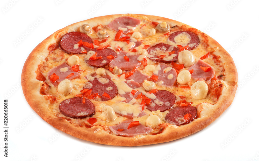 Pizza with salami, pastrami, ham, mushrooms and pepper isolated on white