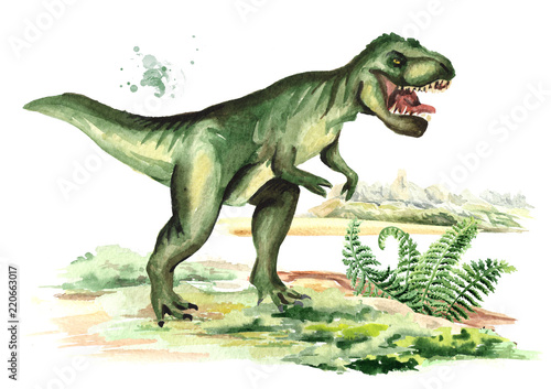 Tyrannosaurus dinosaur in prehistorical landscape. Watercolor hand drawn illustration, isolated on white background © dariaustiugova
