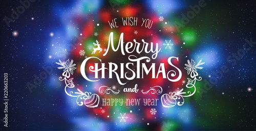 Christmas and New Year Typographical on shiny Xmas background with winter landscape with snowflakes, light, stars.