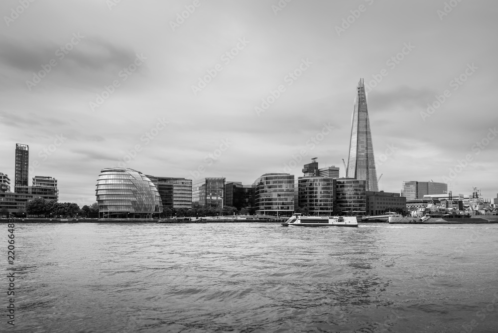 View on Thames river and London city. Black and white photography.