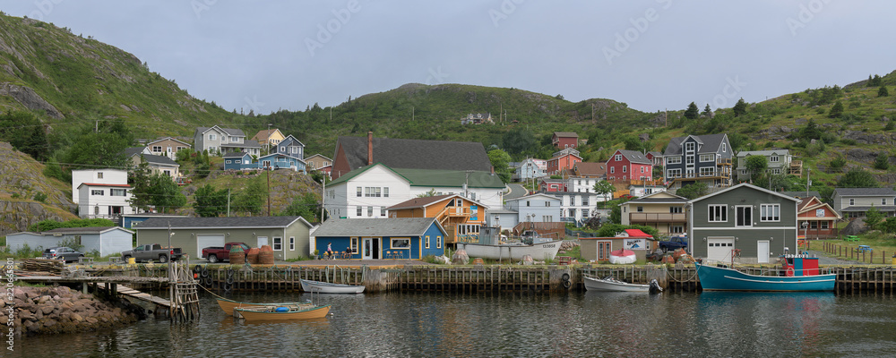 Panorama of the colorful and historic Petty Harbour on a summer afternoon in Newfoundland