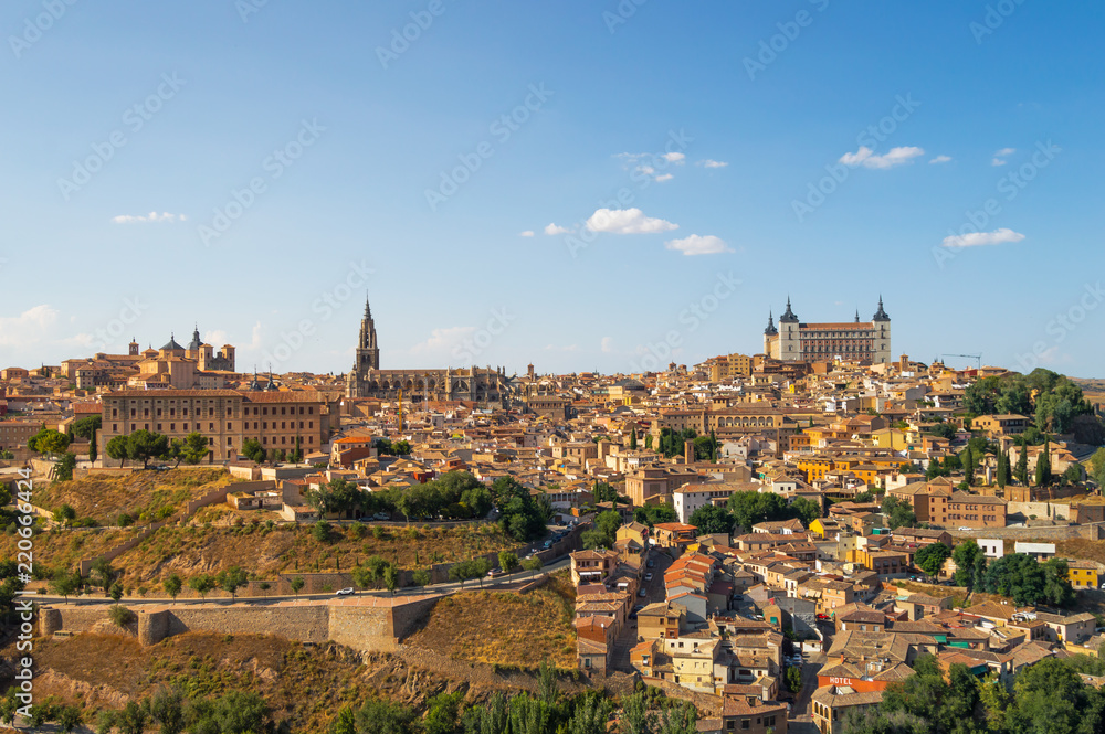 Skyline of Toledo, beautiful city of Spain. Sunny landscape with view of the main monuments at sunset. Panoramic of Toledo, Castilla-La Mancha.